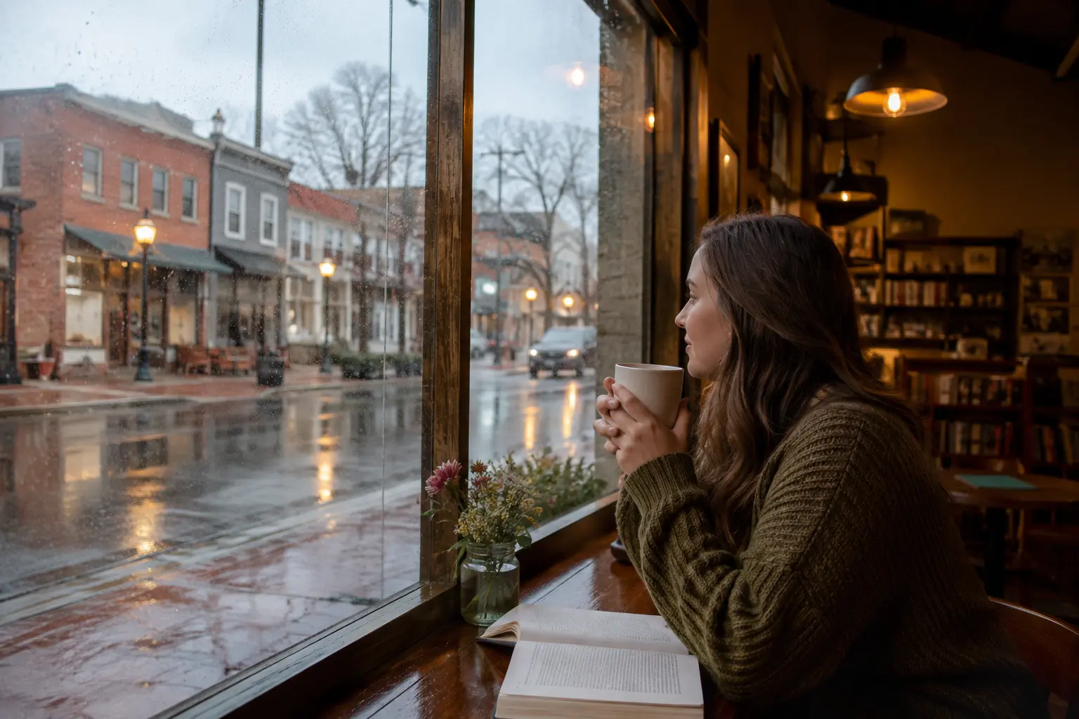 Rainy small-town street seen from a warm café window