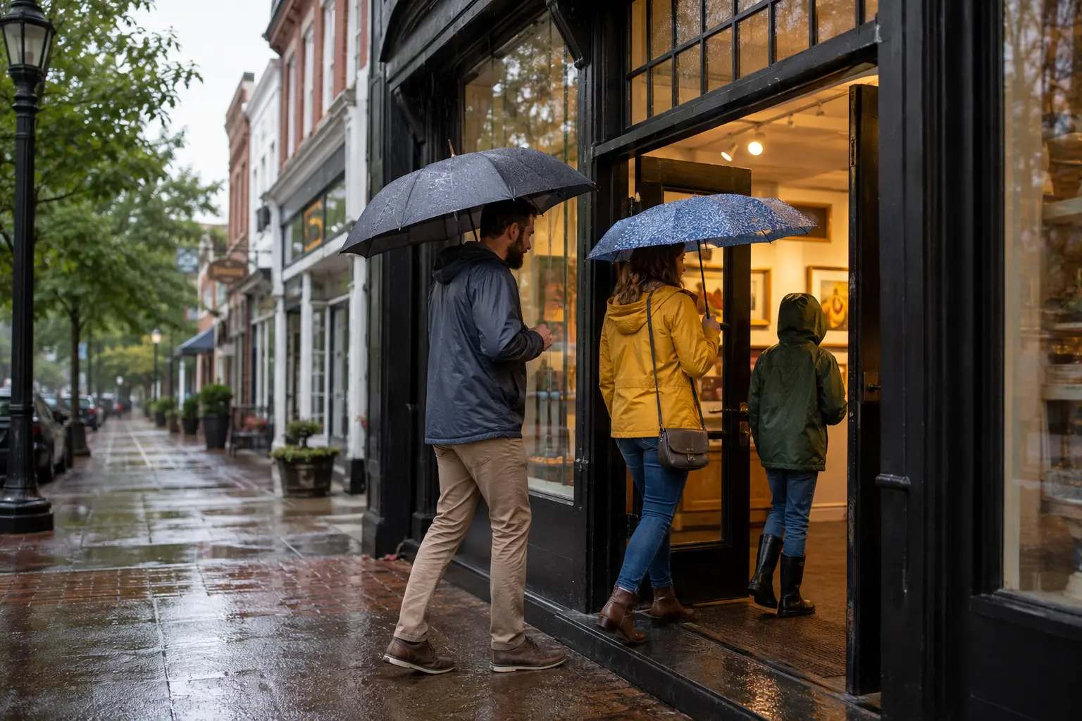 Visitors entering an indoor attraction on a rainy small-town day