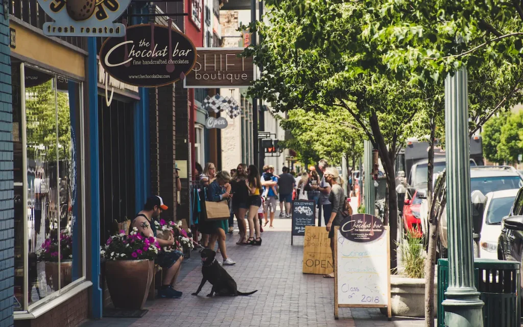 Shoppers browsing a tree-lined downtown street lined with boutiques